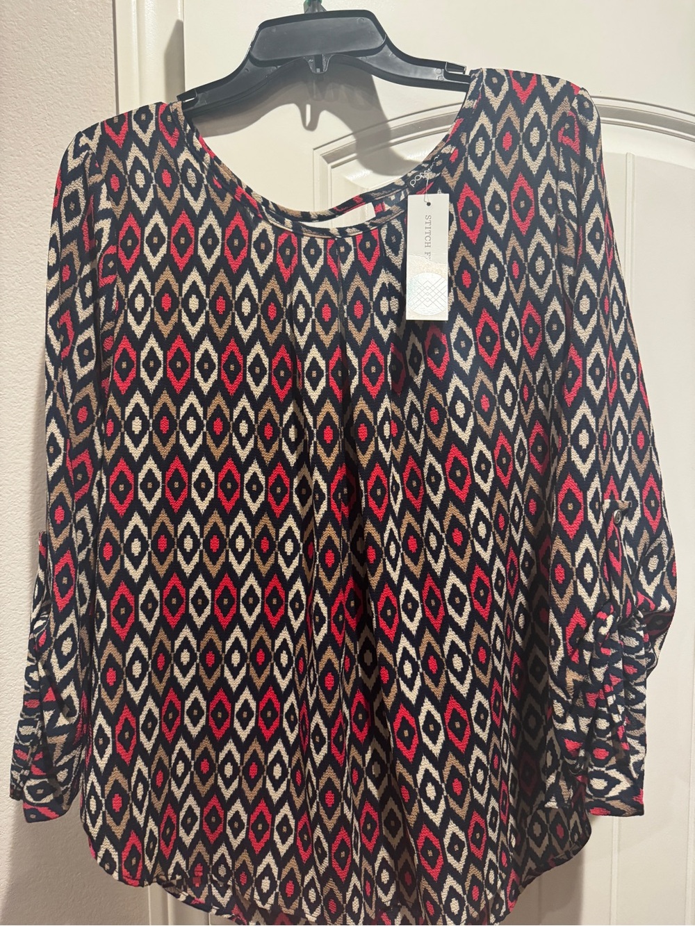 Papermoon Womens Geometric Long Sleeve Blouse - Red, Black & Cream